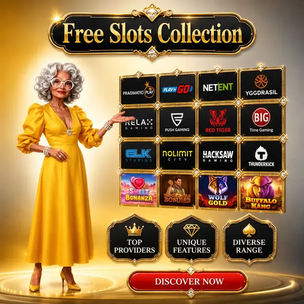 Elegant woman presenting free slots collection at Spingranny Casino with mosaic game display