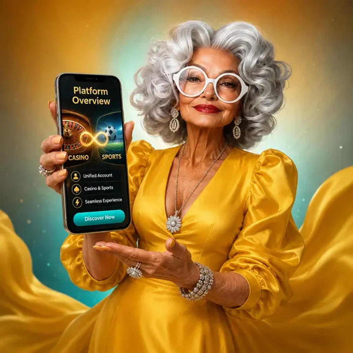 Elegant woman presenting Spingranny Casino platform overview on glowing smartphone screen