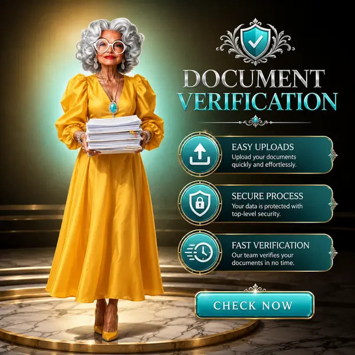 Elegant woman presenting documents for KYC verification at Spingranny Casino