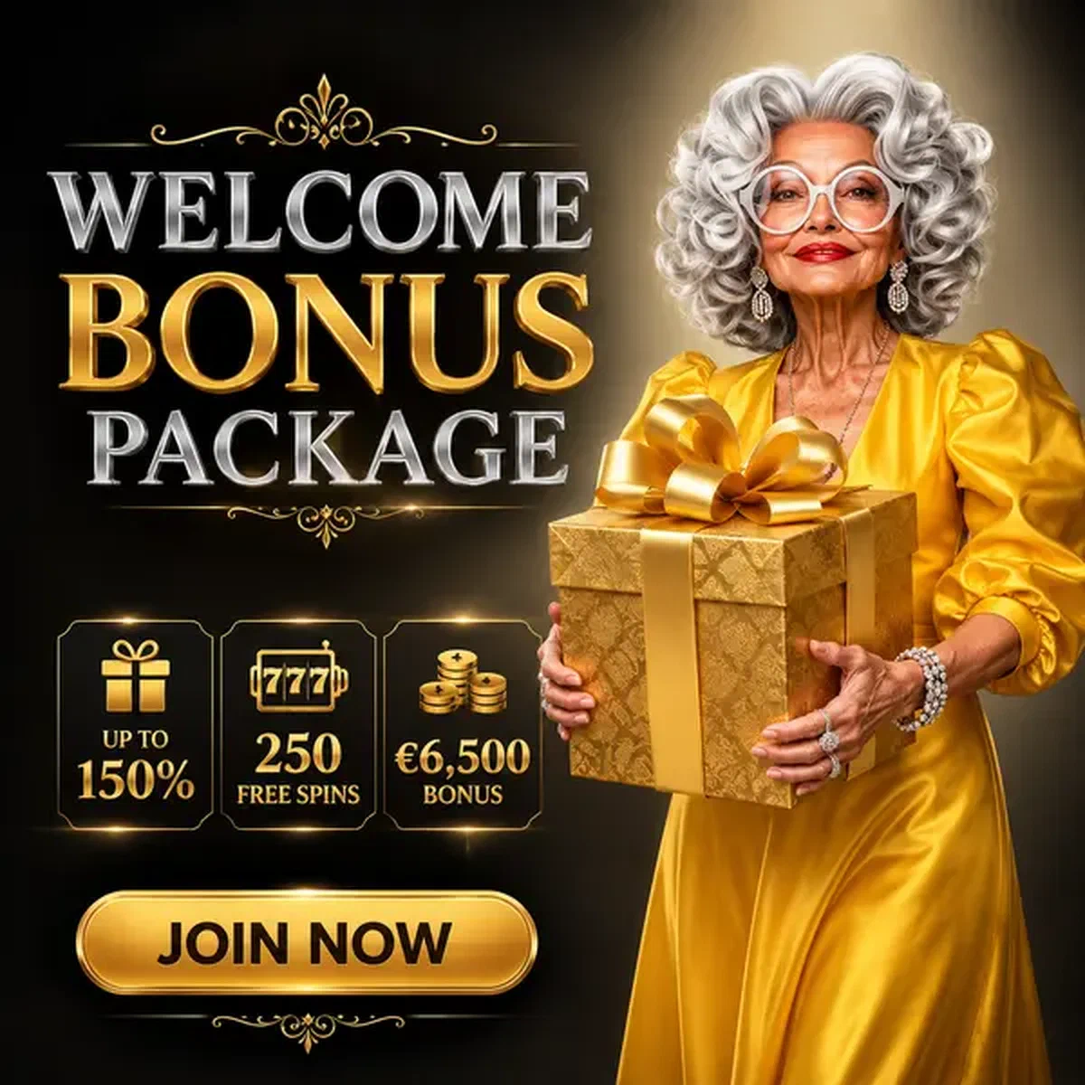 Elegant woman presenting welcome bonus gift at Spingranny Casino