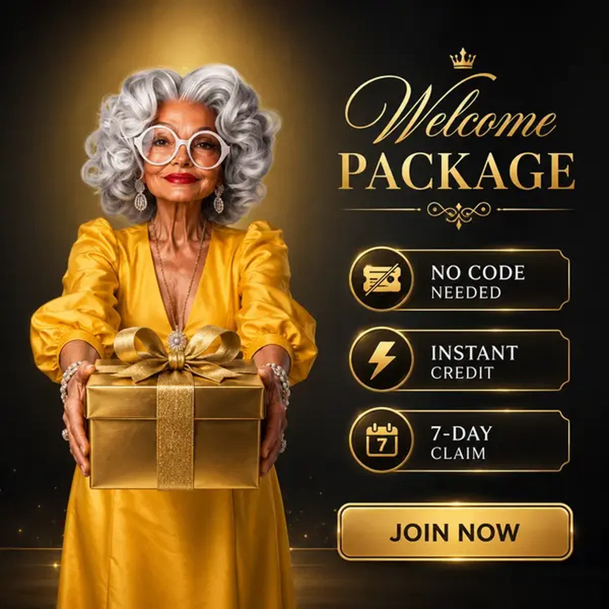 Elegant woman presenting no deposit bonus gift at Spingranny welcome hall