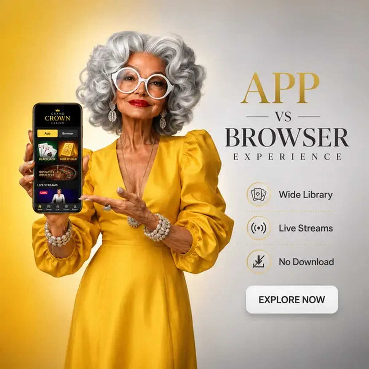 Elegant woman presenting Spingranny Casino mobile app interface with confident smile
