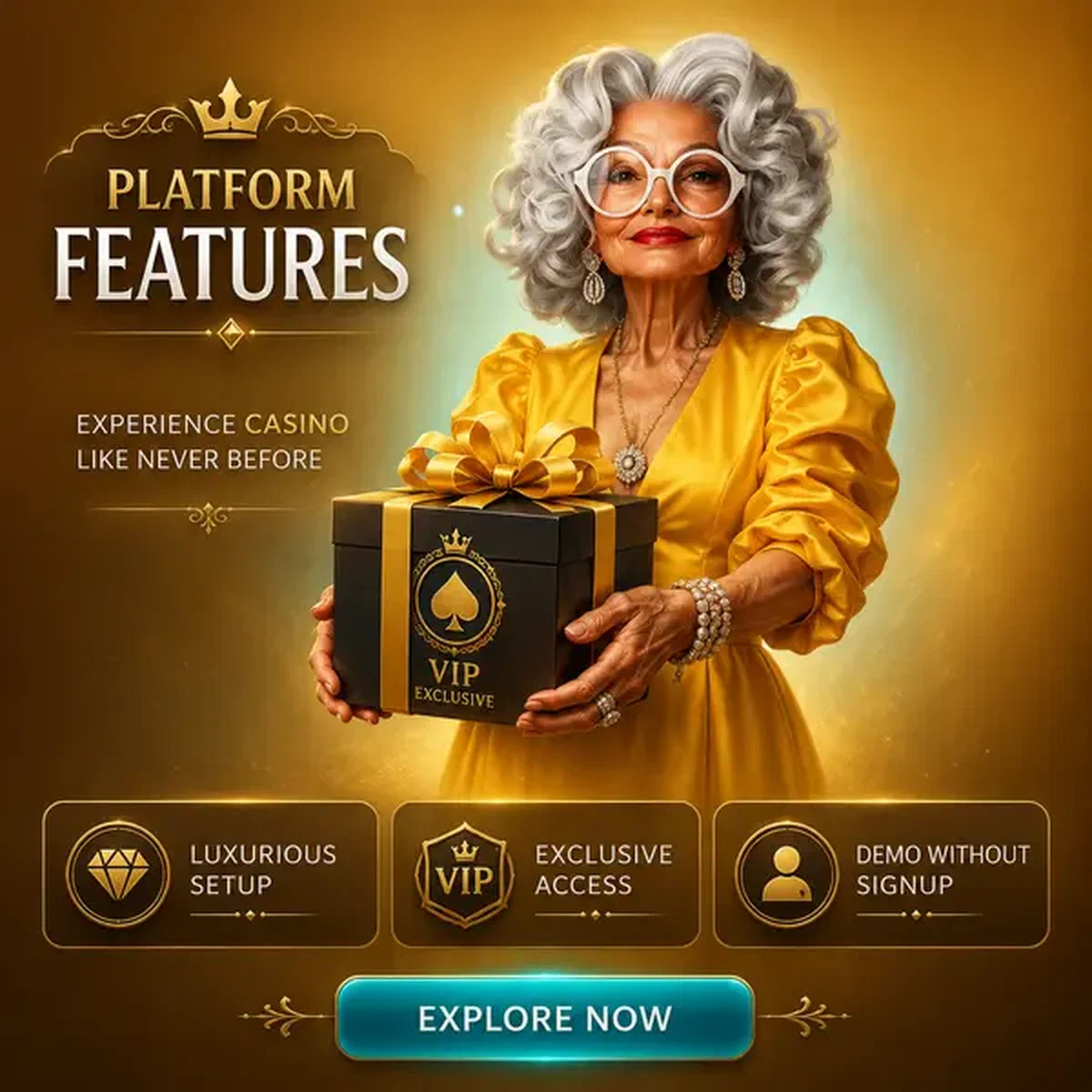 Elegant woman presenting Spingranny platform features gift in luxurious sunflower setting