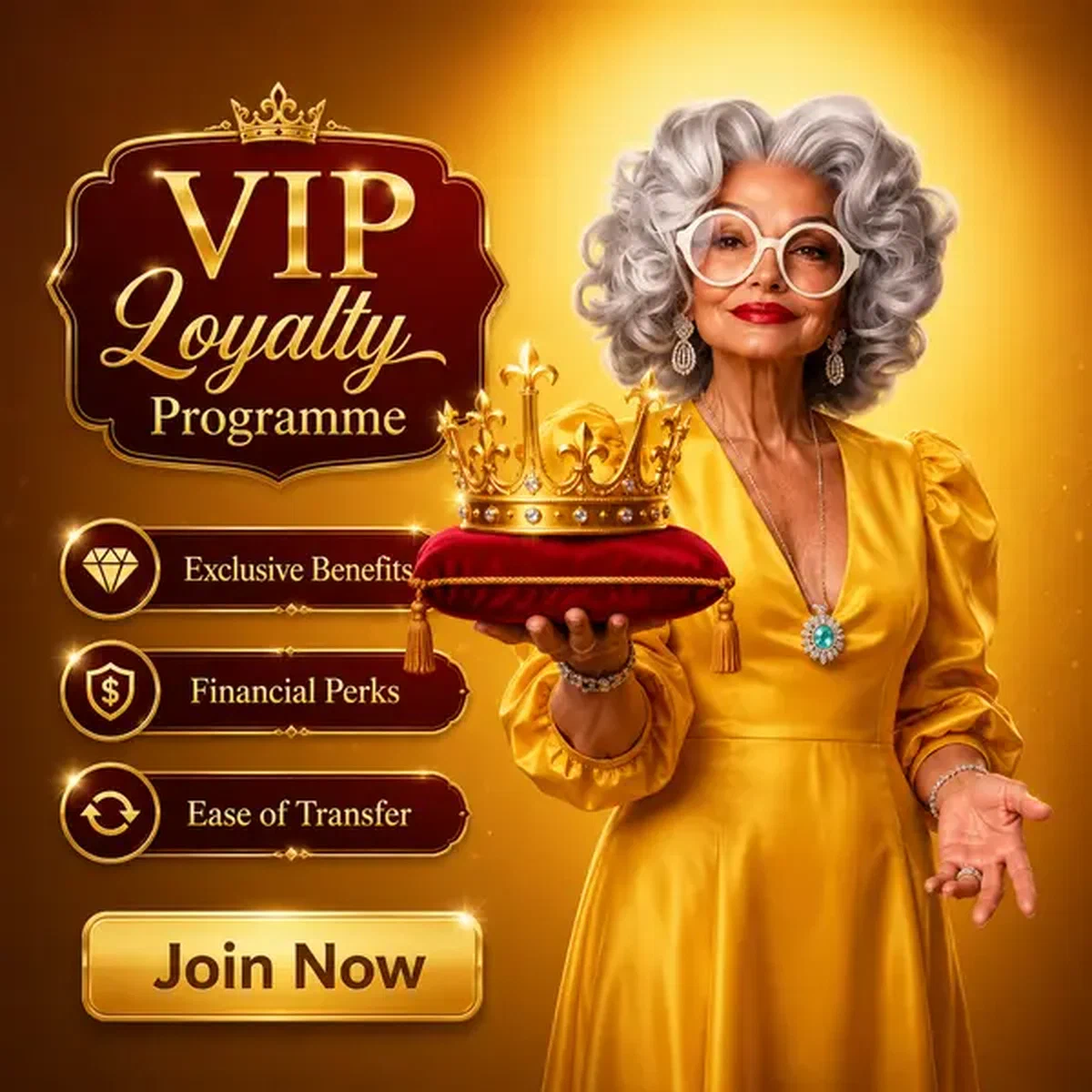 Elegant woman presenting golden crown symbolizing Spingranny VIP loyalty programme benefits