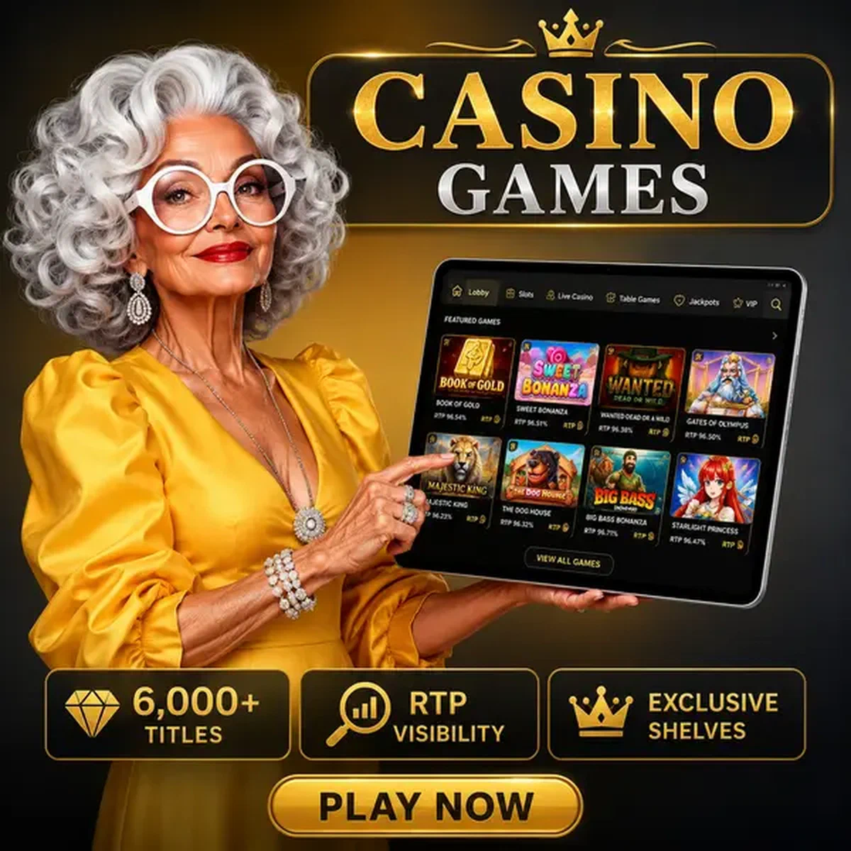 Joueur VIP parcourant le catalogue Spingranny Casino Games sur tablette avec 6'000+ titres affichés